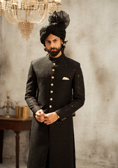 Regal Black Textured Sherwani - Ozaan S12
