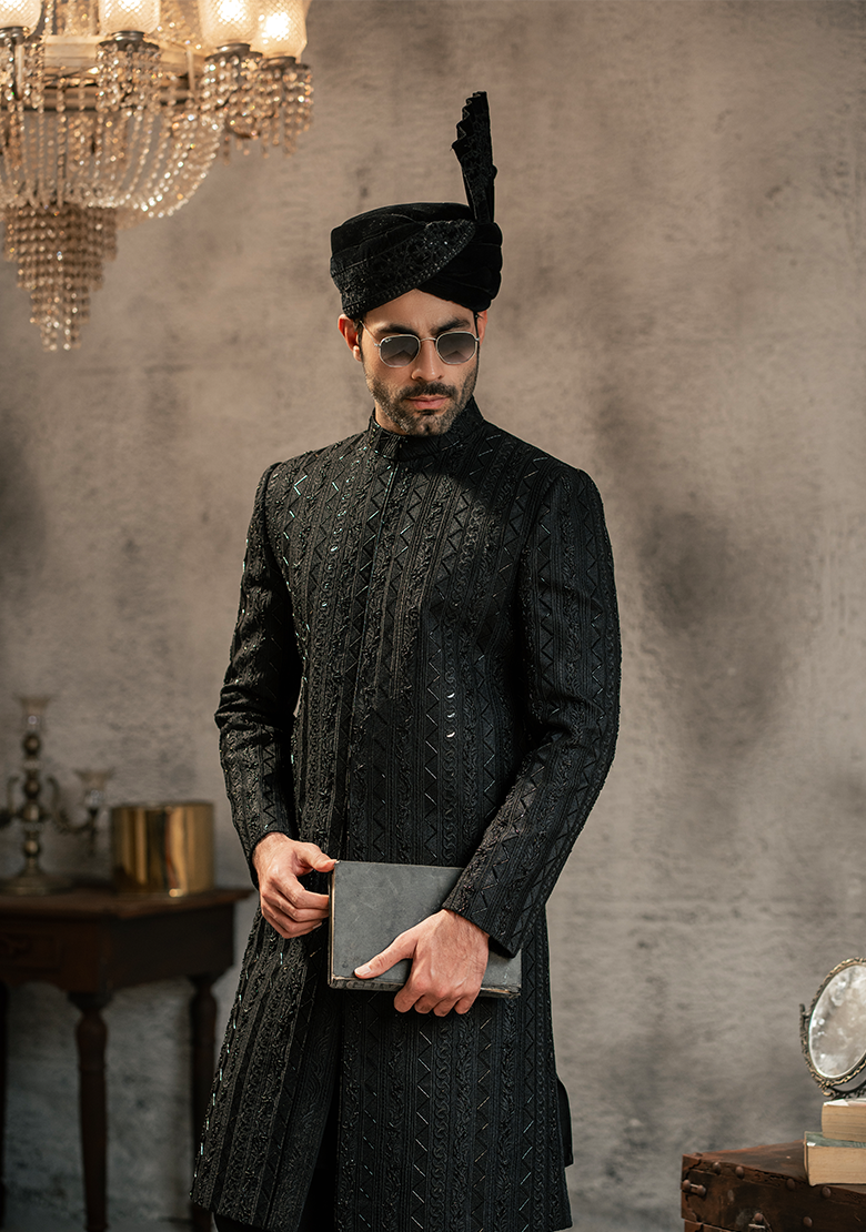 Regal Black Vertical-Textured Sherwani - Ozaan S13