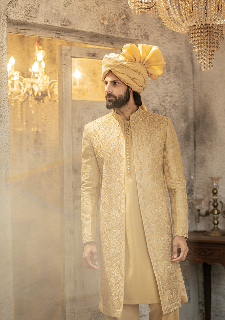 Regal Gold Embroidered Sherwani - Ozaan S14