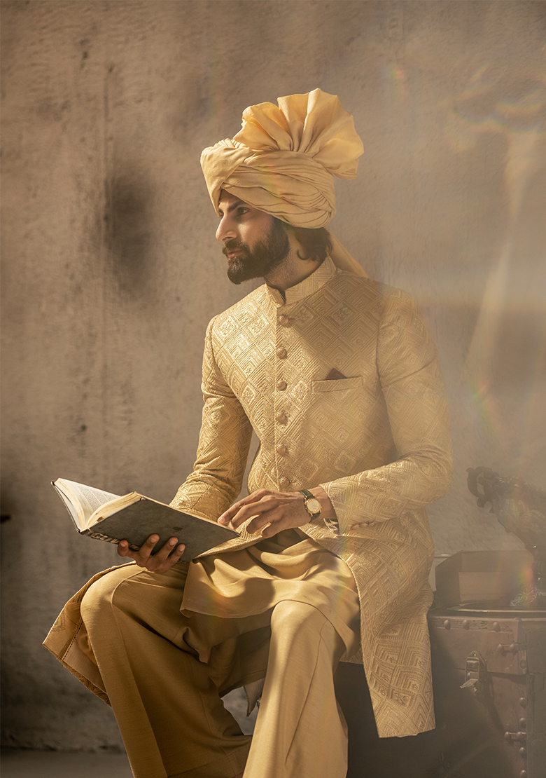 Luxurious Gold Woven Sherwani - Ozaan S15