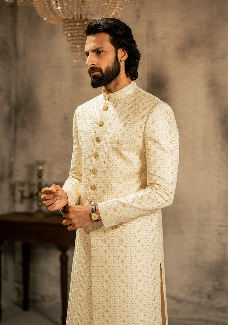 Classic Ivory Textured Sherwani - Ozaan S16