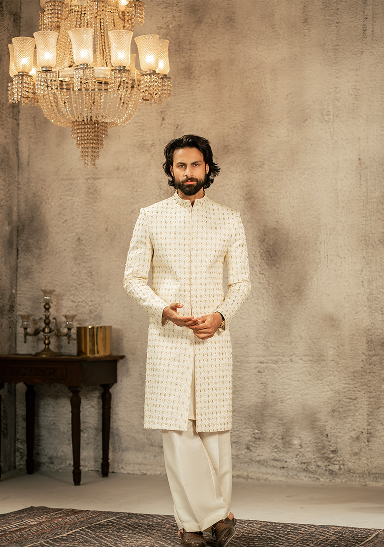 Refined Ivory Intricately Textured Sherwani - Ozaan S18