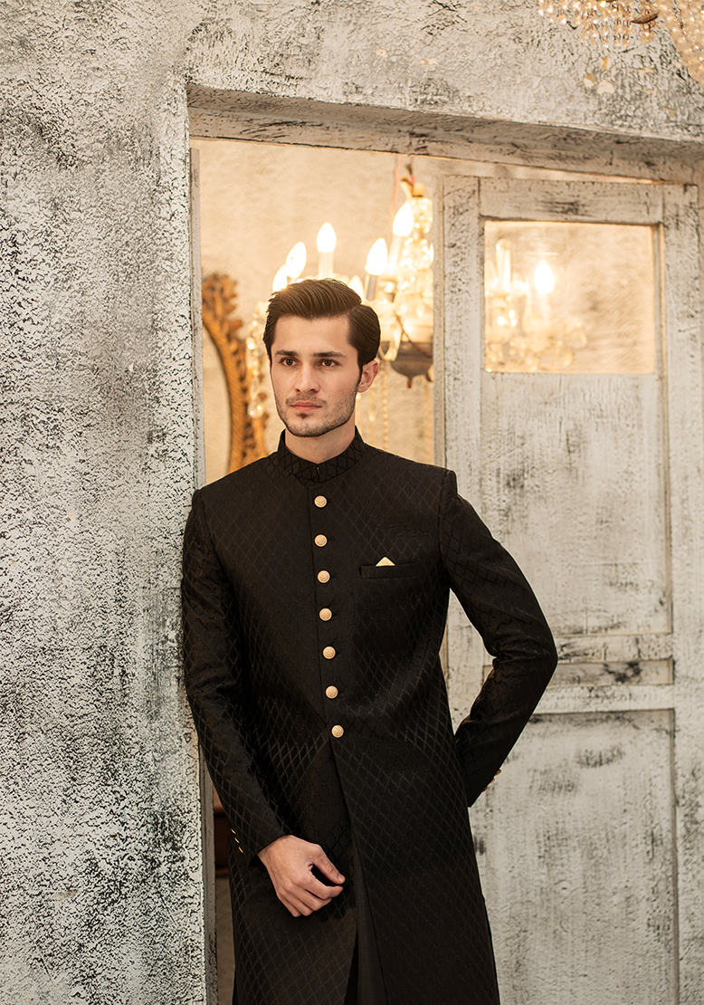 Classic Black Diamond-Textured Sherwani - Ozaan S11