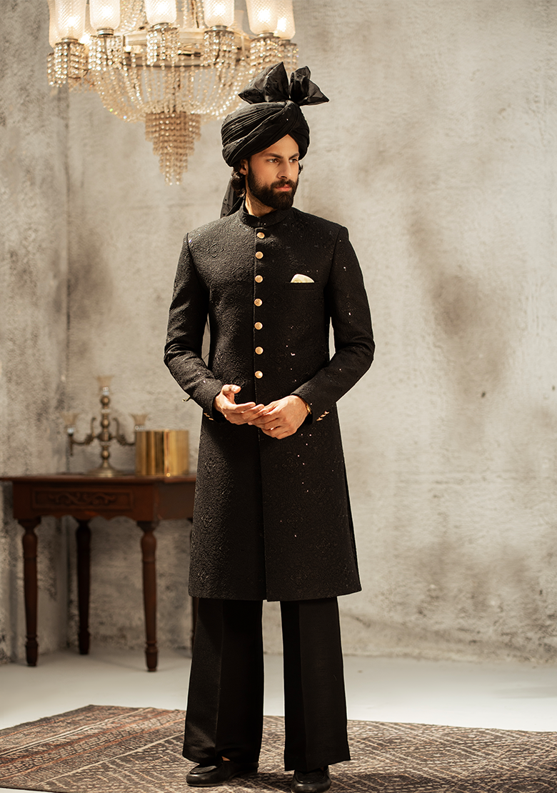 Regal Black Textured Sherwani - Ozaan S12