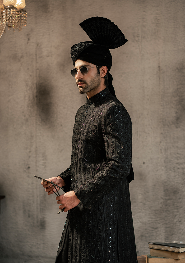 Regal Black Vertical-Textured Sherwani - Ozaan S13