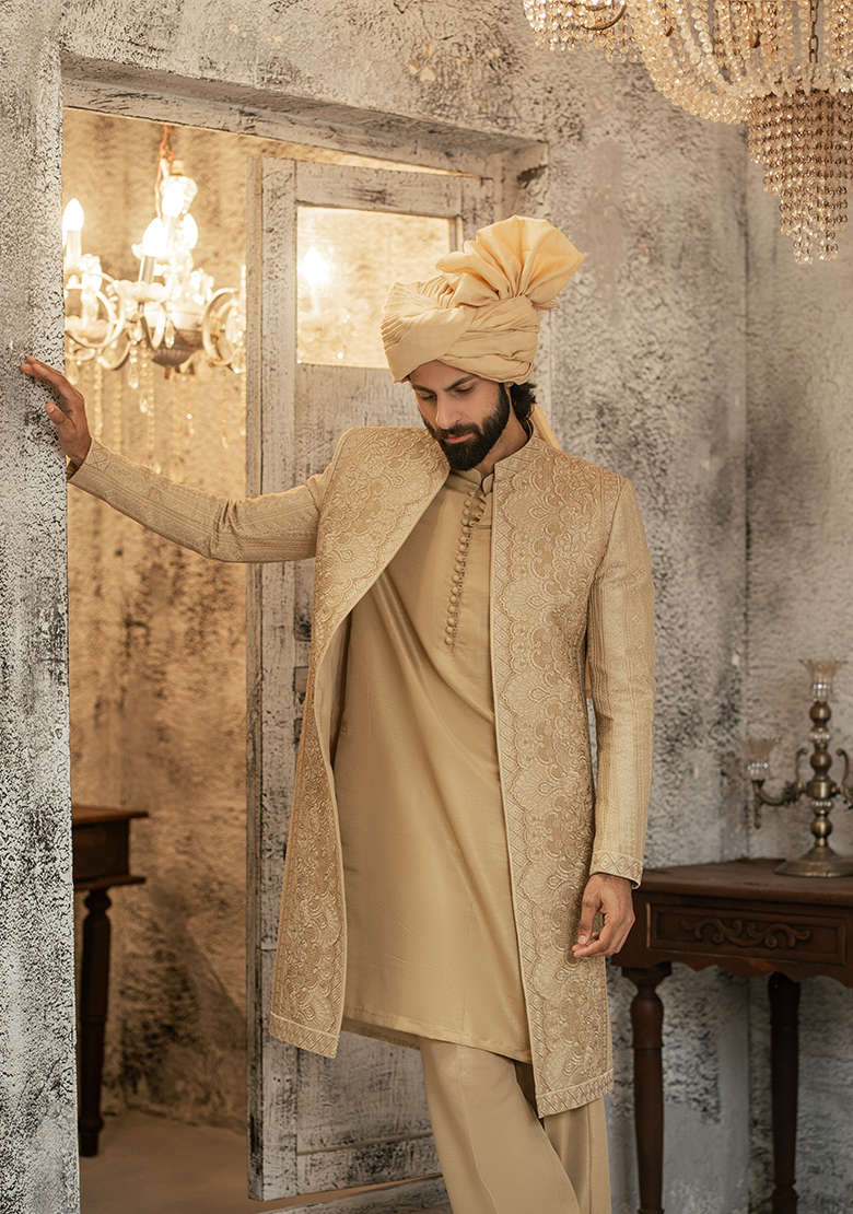 Regal Gold Embroidered Sherwani - Ozaan S14