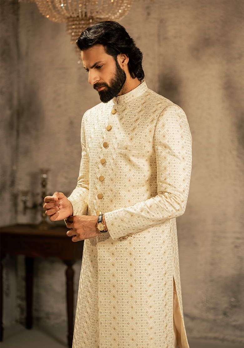 Classic Ivory Textured Sherwani - Ozaan S16