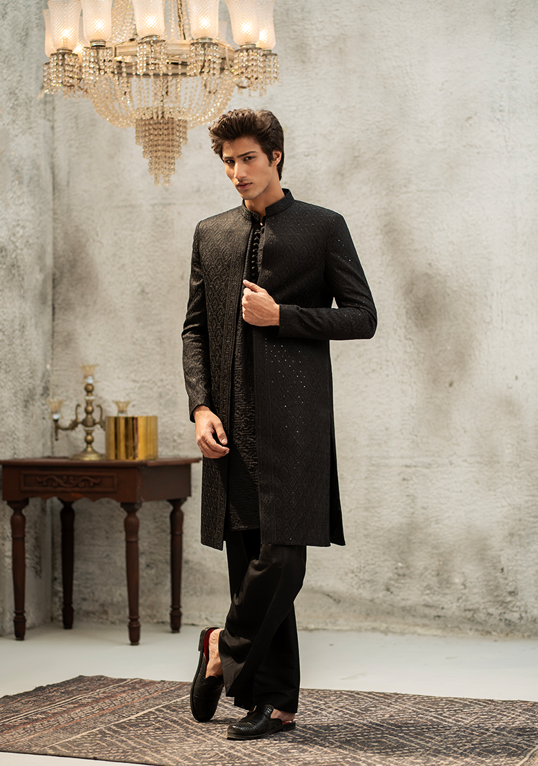 Classic Textured Black Sherwani - Ozaan S01