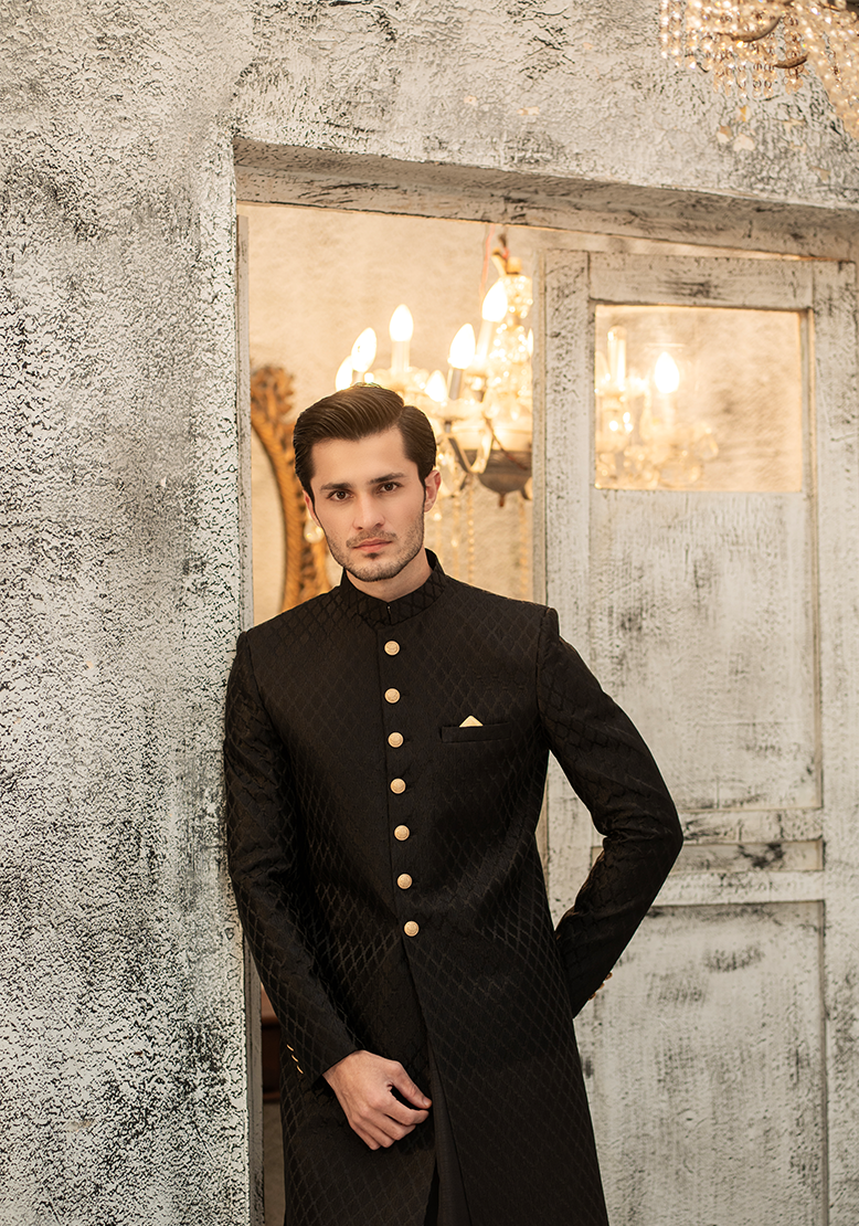 Classic Black Diamond-Textured Sherwani - Ozaan S11