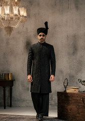 Regal Black Vertical-Textured Sherwani - Ozaan S13