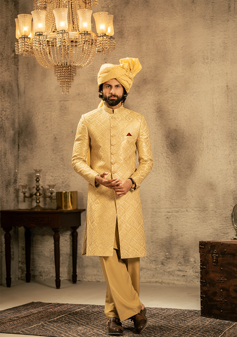 Luxurious Gold Woven Sherwani - Ozaan S15