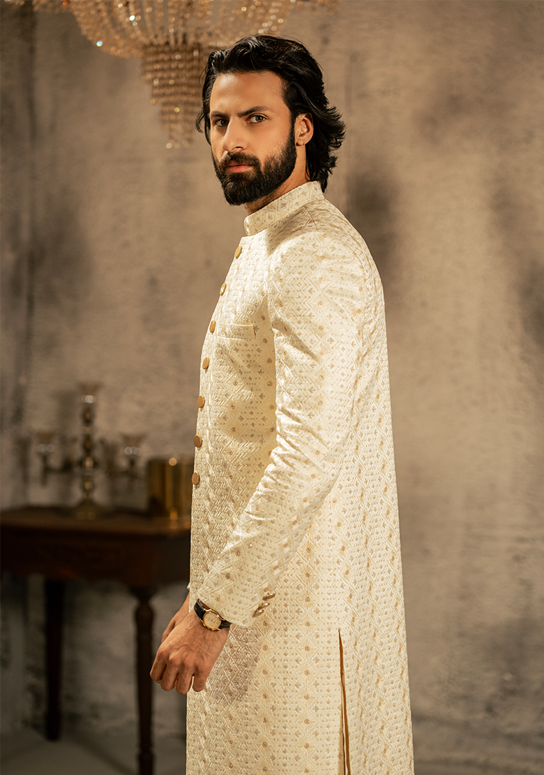 Classic Ivory Textured Sherwani - Ozaan S16