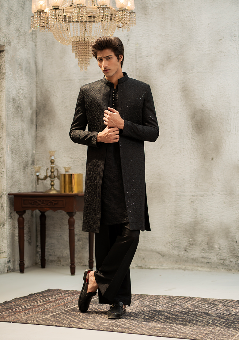 Classic Textured Black Sherwani - Ozaan S01