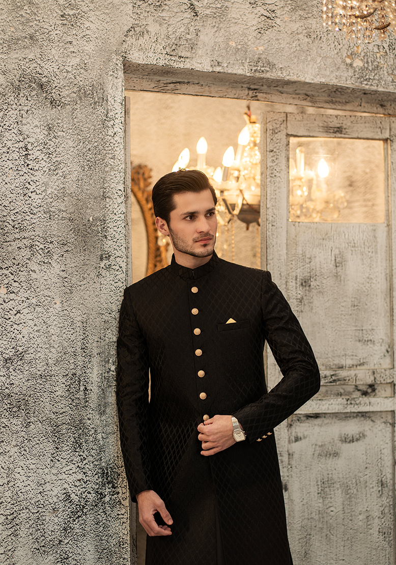 Classic Black Diamond-Textured Sherwani - Ozaan S11