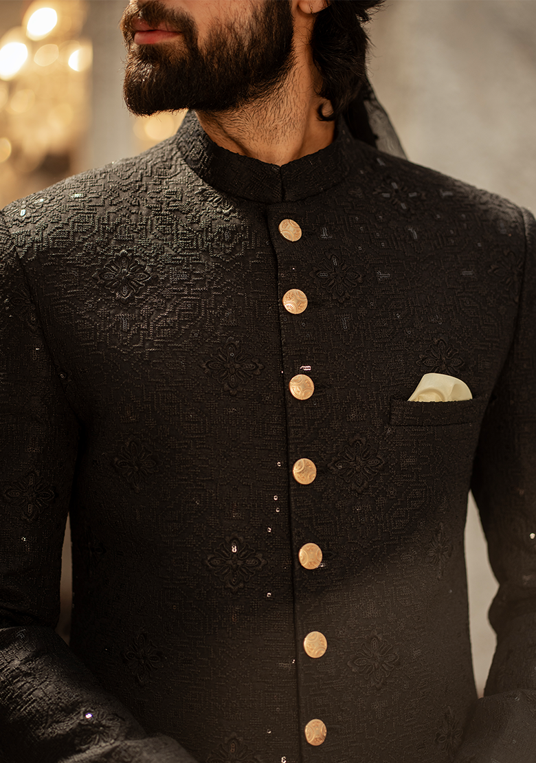 Regal Black Textured Sherwani - Ozaan S12
