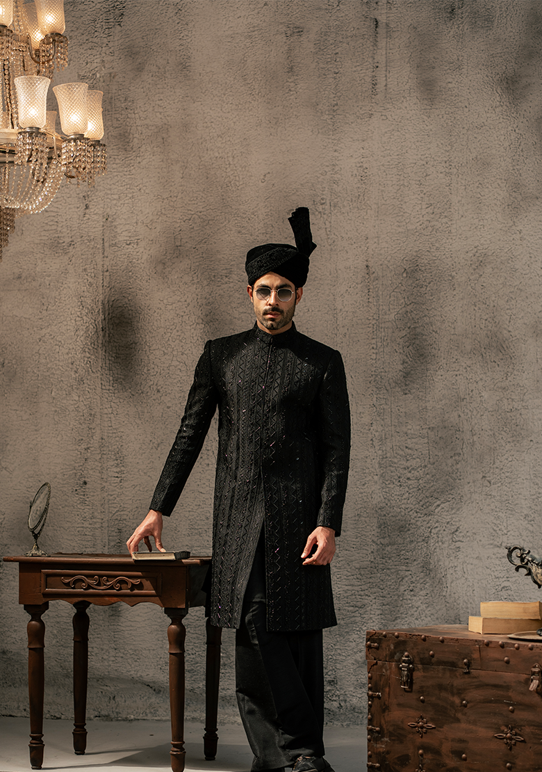 Regal Black Vertical-Textured Sherwani - Ozaan S13
