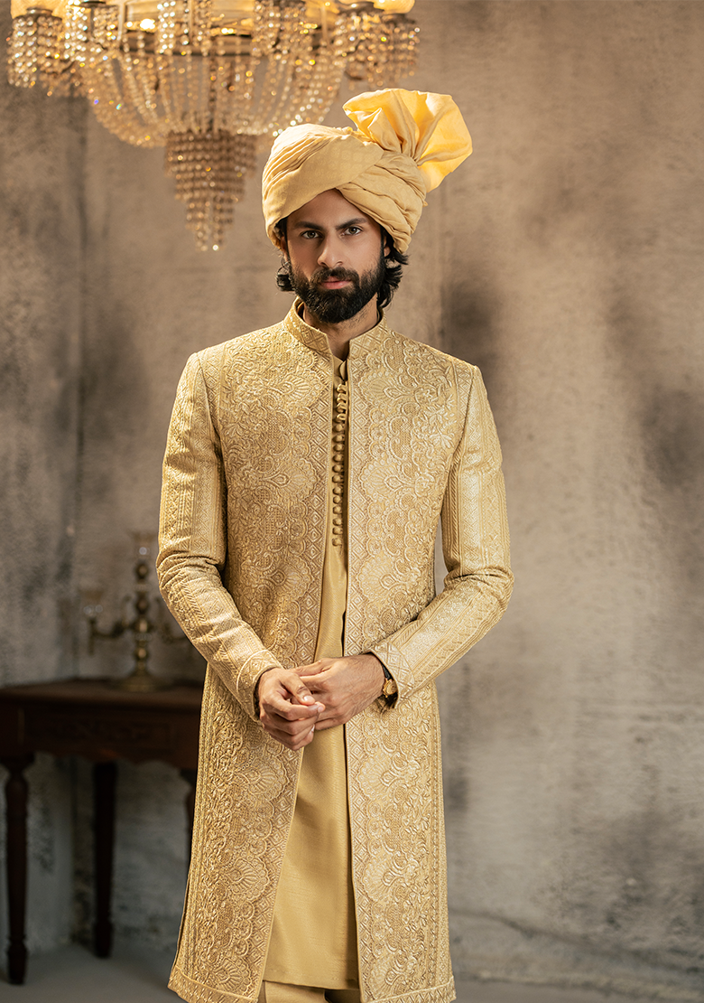 Regal Gold Embroidered Sherwani - Ozaan S14