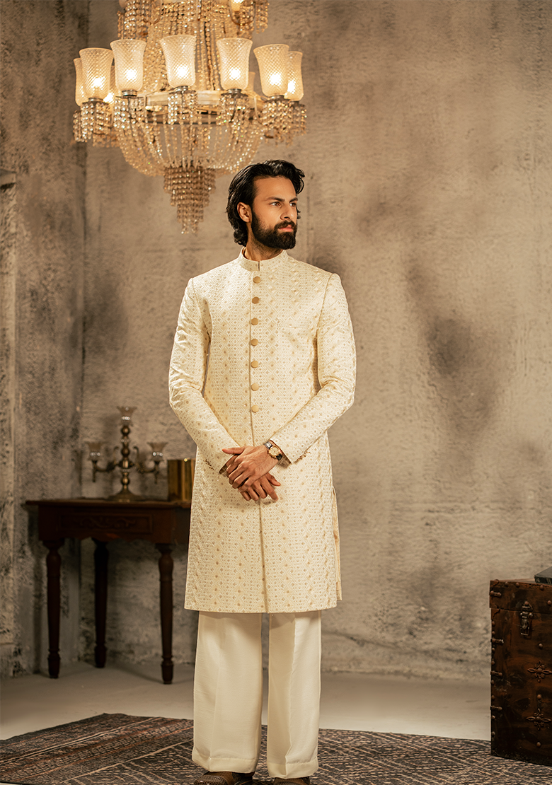Classic Ivory Textured Sherwani - Ozaan S16