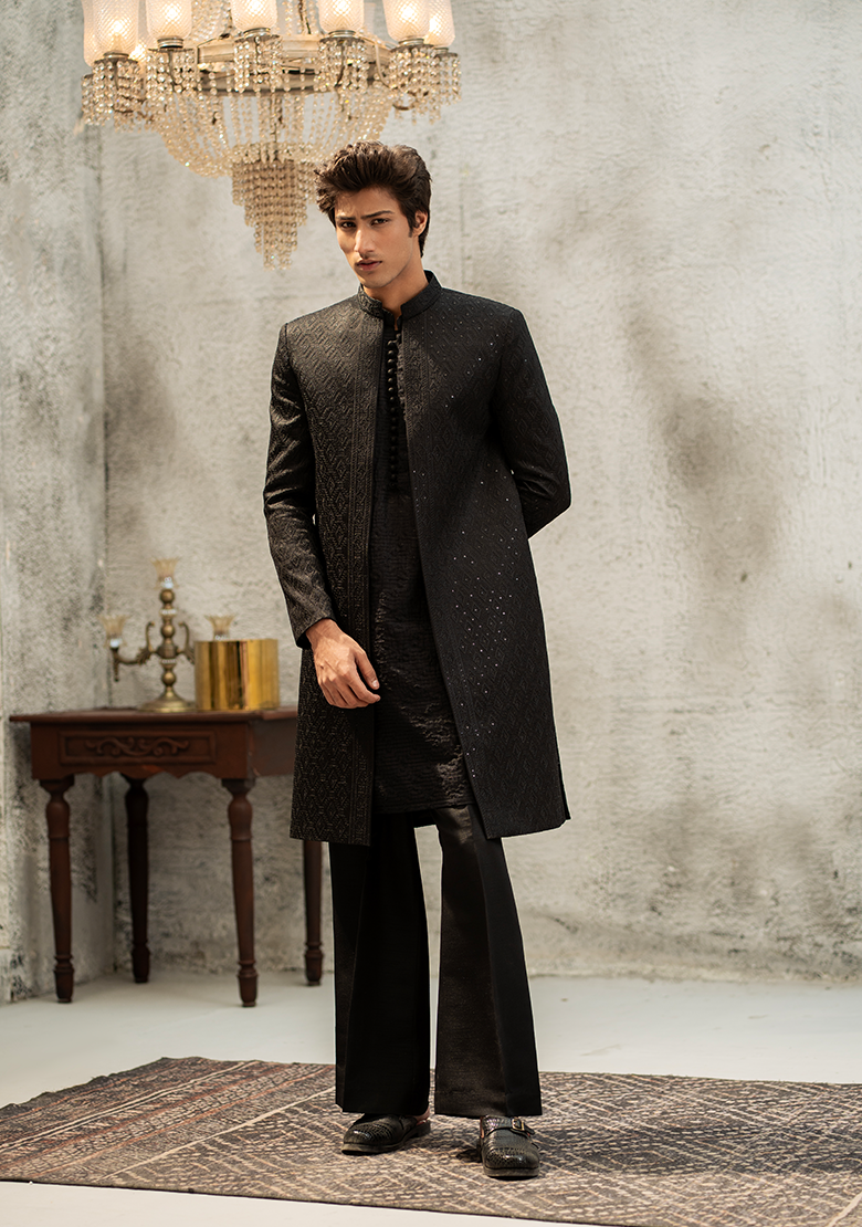 Classic Textured Black Sherwani - Ozaan S01