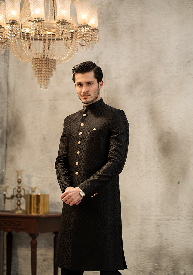 Classic Black Diamond-Textured Sherwani - Ozaan S11
