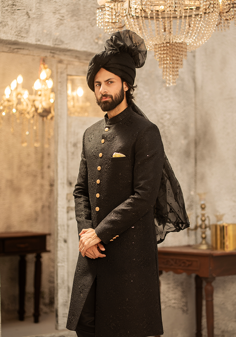Regal Black Textured Sherwani - Ozaan S12