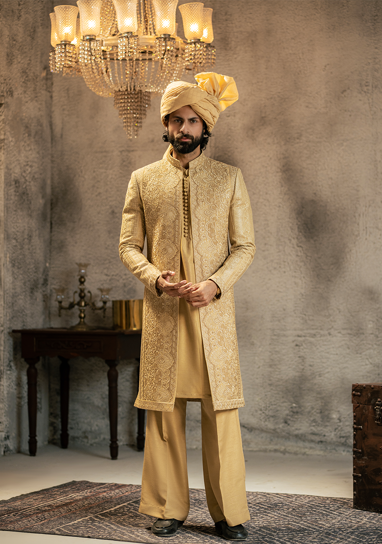 Regal Gold Embroidered Sherwani - Ozaan S14