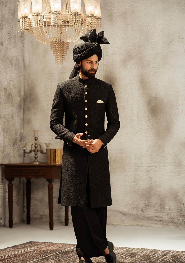 Regal Black Textured Sherwani - Ozaan S12
