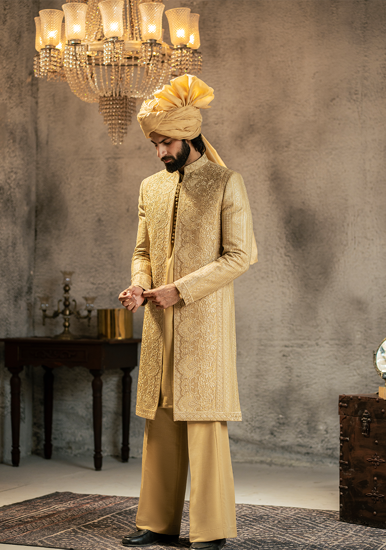 Regal Gold Embroidered Sherwani - Ozaan S14