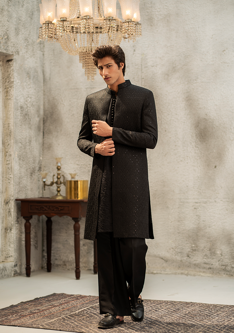 Classic Textured Black Sherwani - Ozaan S01