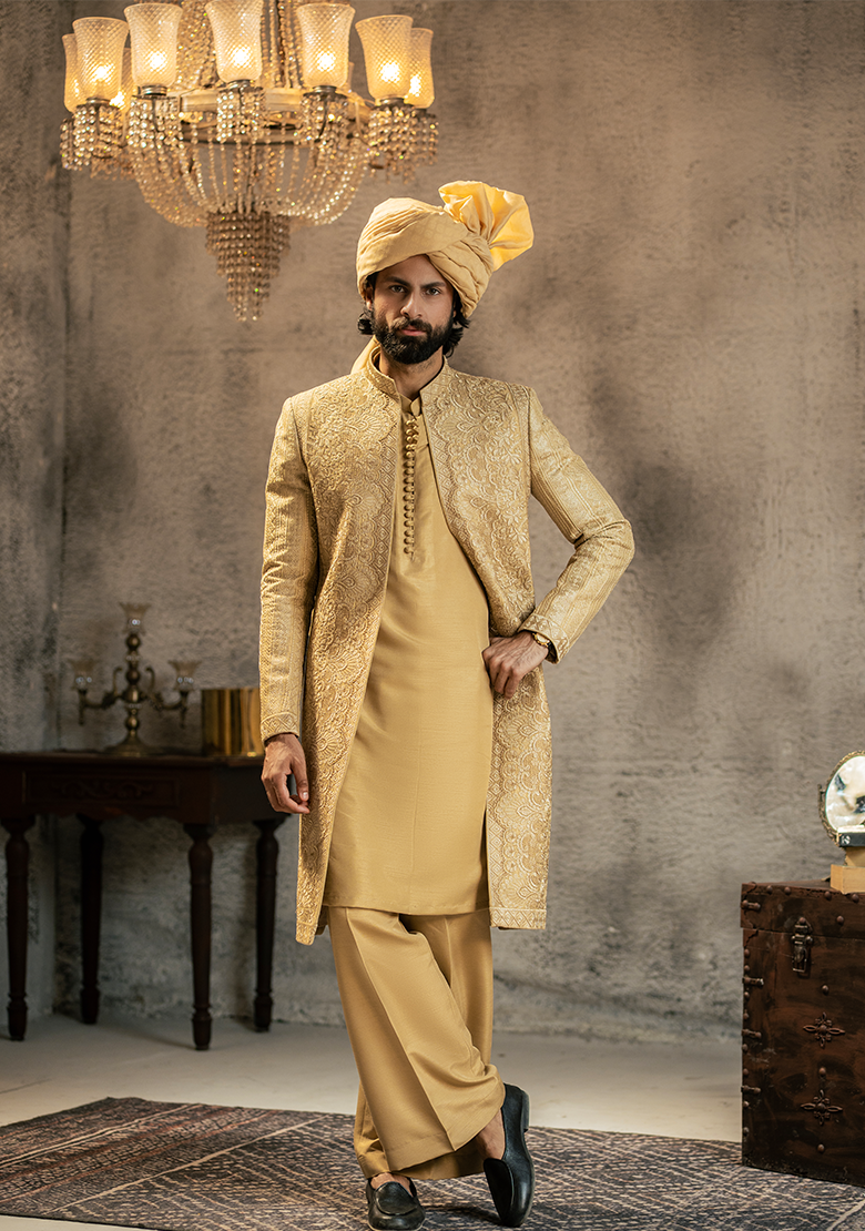Regal Gold Embroidered Sherwani - Ozaan S14