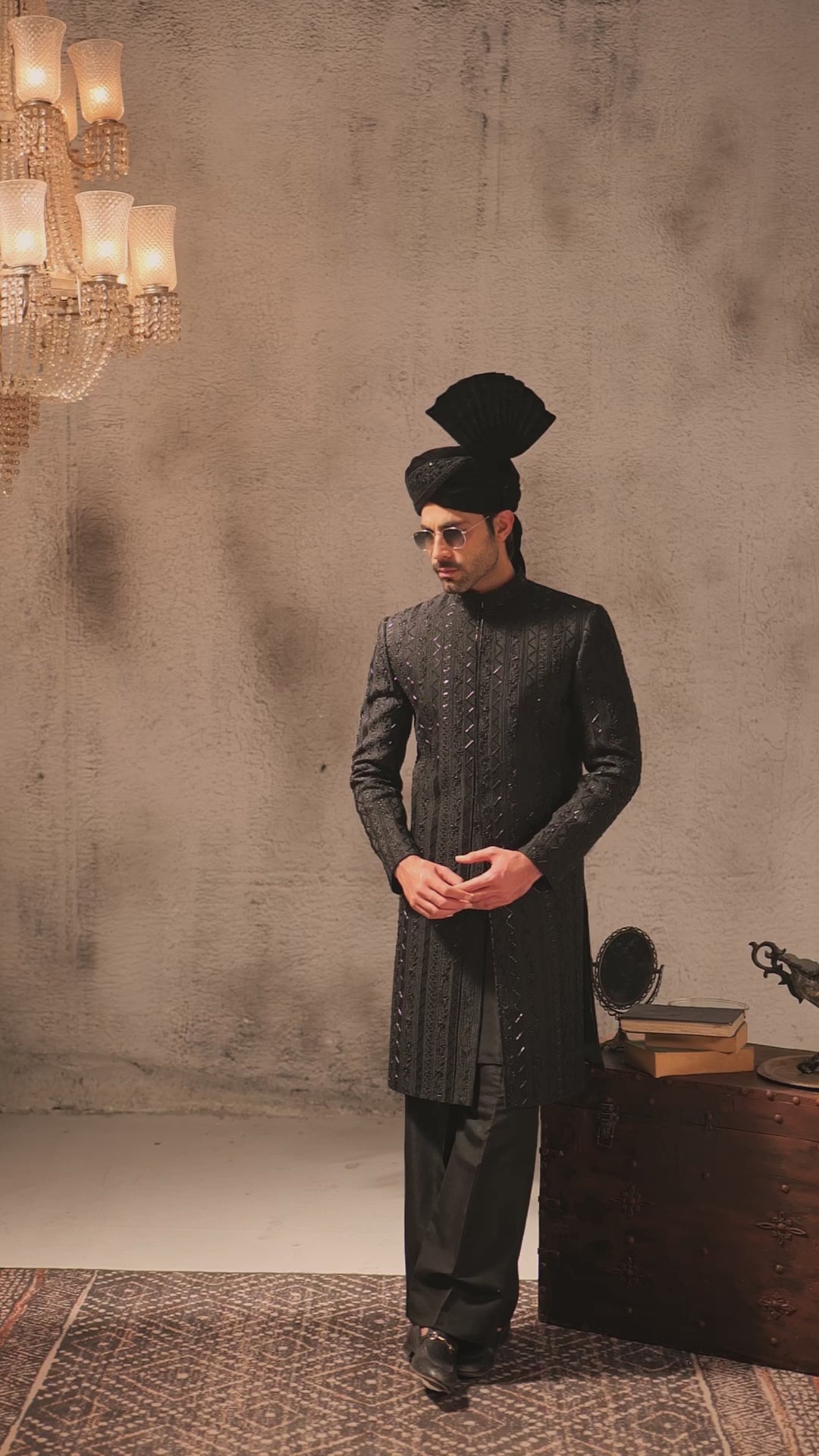 Regal Black Vertical-Textured Sherwani - Ozaan S13